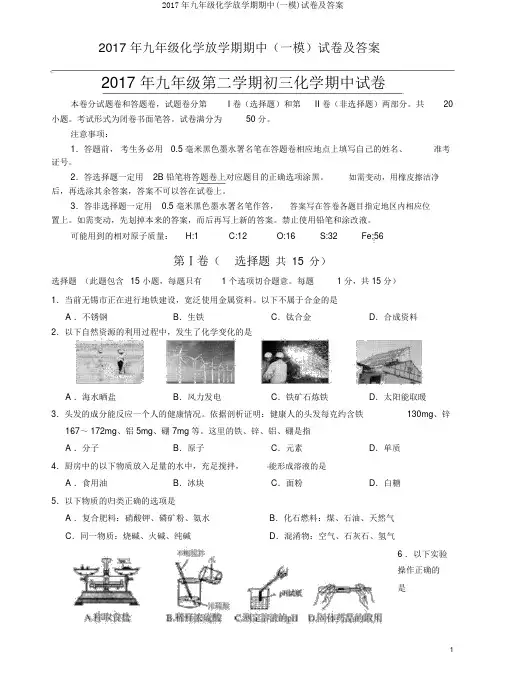 2017年九年级化学下学期期中(一模)试卷及答案