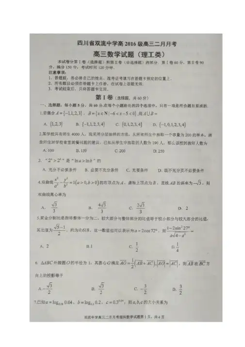 【全国百强校首发】四川省双流中学2019届高三2月月考试数学(理)试题(图片版)