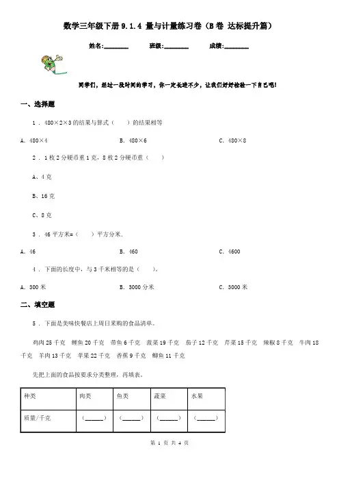 数学三年级下册9.1.4 量与计量练习卷(B卷 达标提升篇)