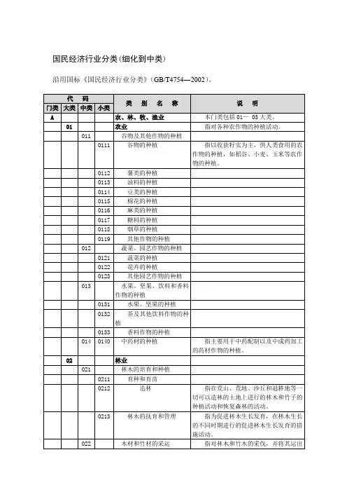 国民经济行业分类-细化到中类