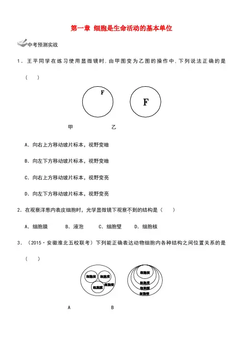中考生物一轮复习第二单元第一章细胞是生命活动的基本单位新人教版