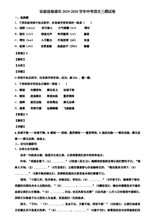 安徽省巢湖市2019-2020学年中考语文三模试卷含解析