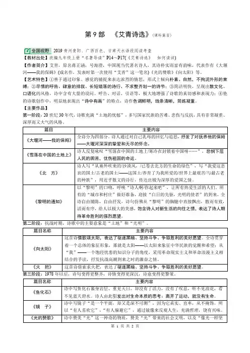 2020年中考语文名著阅读复习：《艾青诗选》