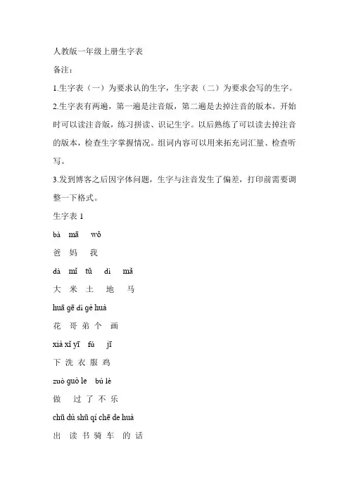人教版一年级上册生字表