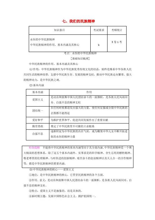 (浙江学考)2018高三政治一轮复习 第3单元 中华文化与民族精神 七、我们的民族精神教师用书 新人教版必修3