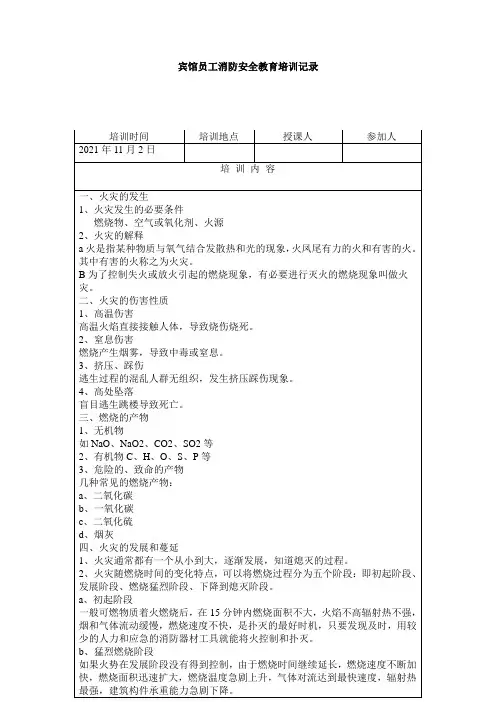 宾馆员工消防安全教育培训记录