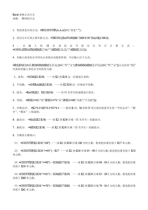 Excel表格公式大全(苦心整理)