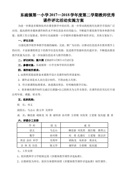 东疏镇第一小学2017—2018学年度第二学期教师优秀课件评比活动实施方案