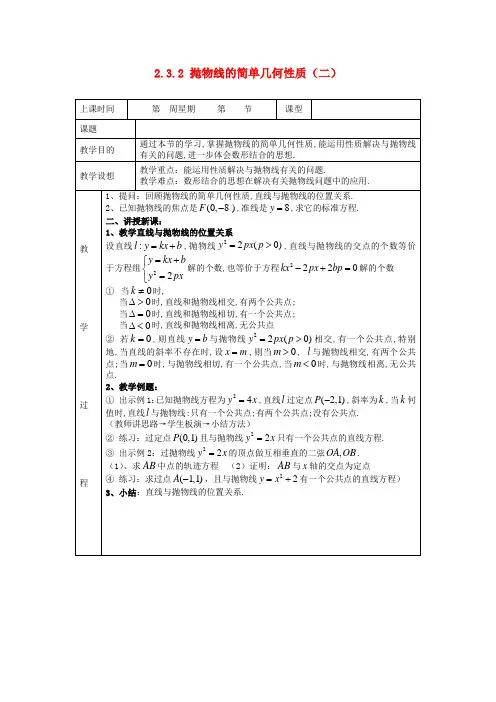 (新课程)高中数学2.3.2 抛物线的简单几何性质教案2 新人教A版选修1-1