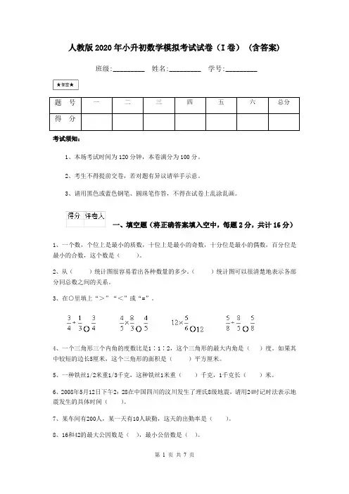 人教版2020年小升初数学模拟考试试卷(I卷) (含答案)