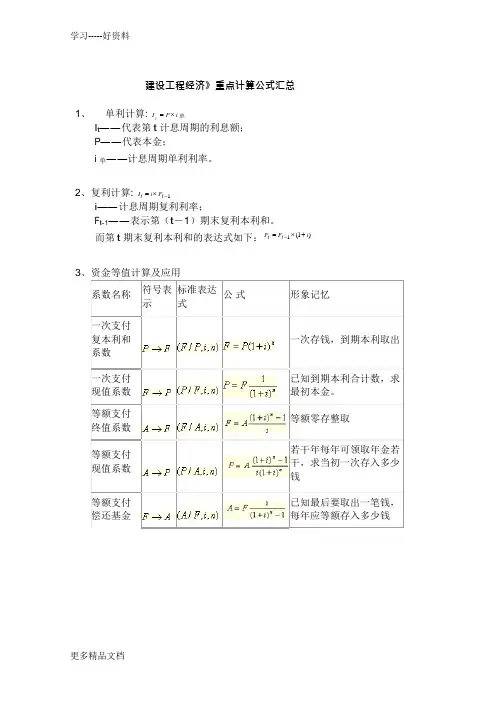 一建工程经济重点计算公式汇总教案资料