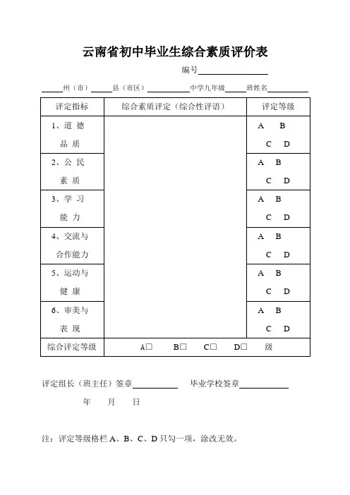 云南省初中毕业综合素质评价表