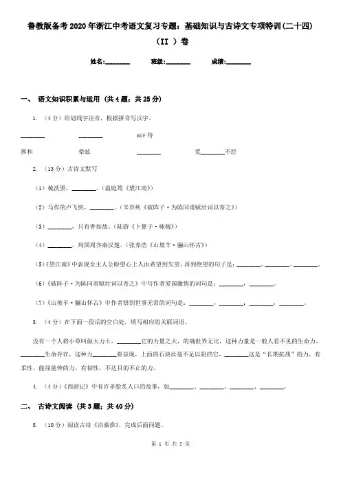 鲁教版备考2020年浙江中考语文复习专题：基础知识与古诗文专项特训(二十四)(II )卷