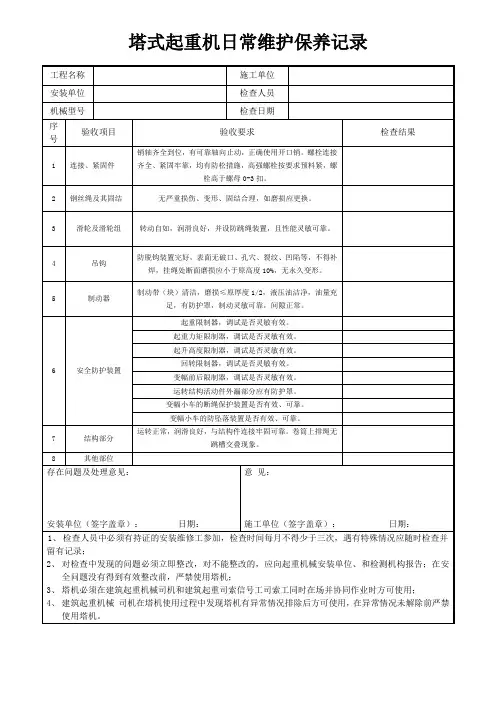 塔吊日常检查保养记录表