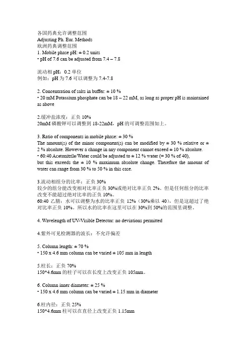 各国药典允许调整范围