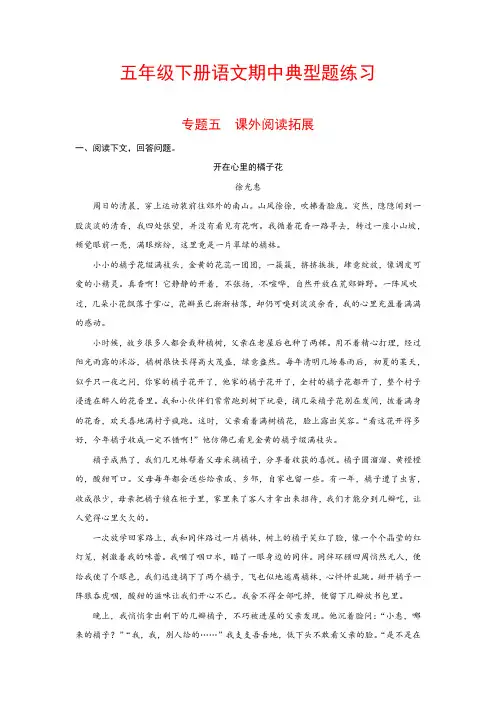 五年级下册语文典型题练习 专题六 课外阅读拓展(人教部编版,含答案)