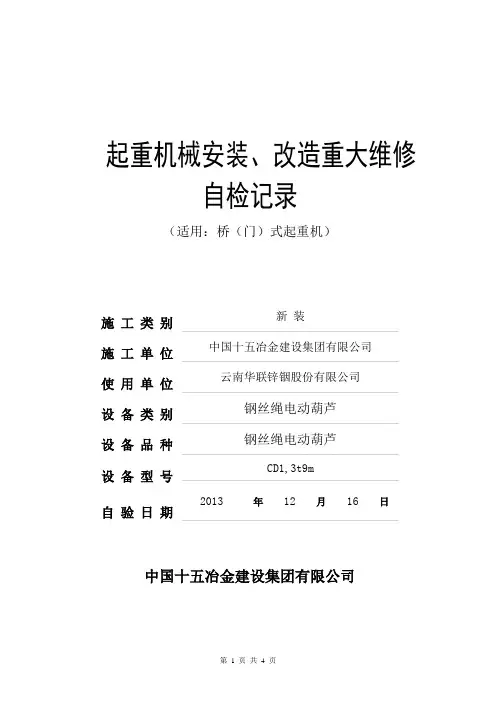 钢丝绳电动葫芦自检报告 - 1#转运站