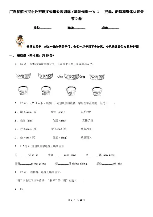 广东省韶关市小升初语文知识专项训练(基础知识一)：1   声母、韵母和整体认读音节D卷
