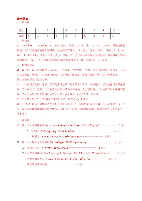 粤教沪科版物理八年级下册试题参考答案