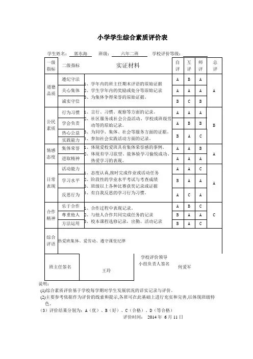 小学学生综合素质评价表.