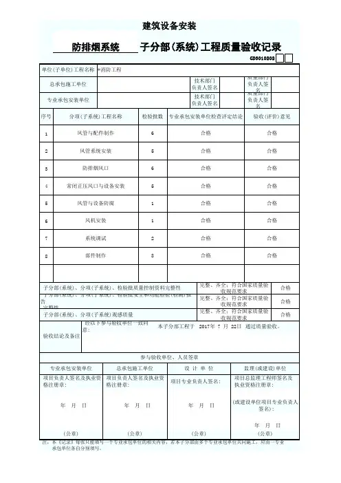 防排烟分部(系统)工程质量验收记录GD3010202
