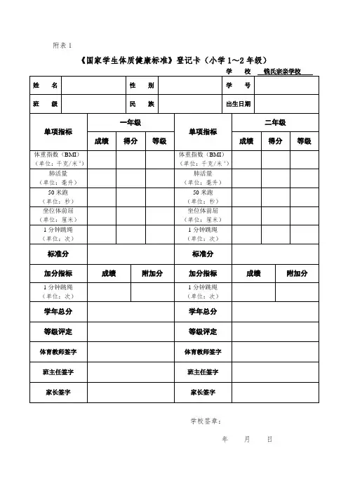 《国家学生体质健康标准》登记卡(小学1～2年级)