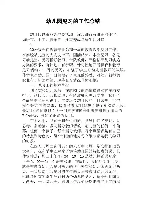 幼儿园见习的工作总结