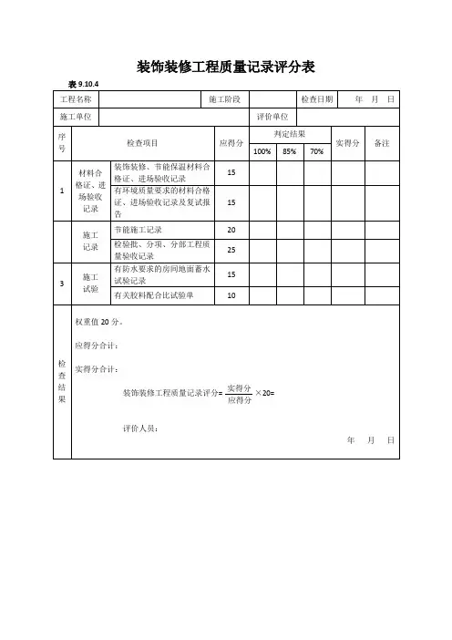 装饰装修工程质量记录评分表