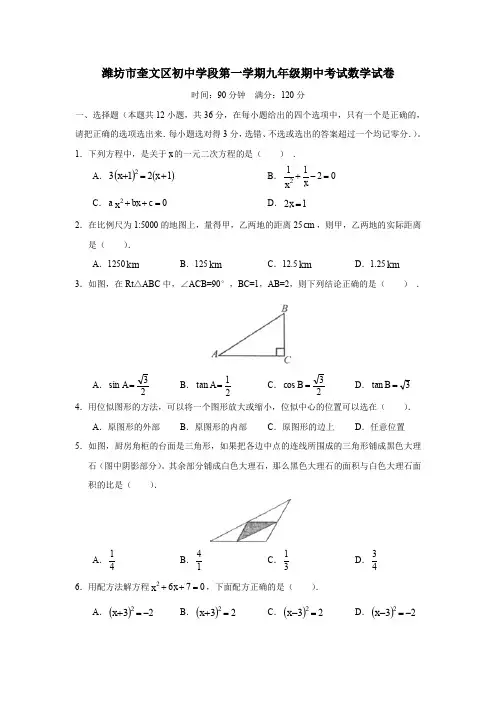 潍坊市奎文区初中学段第一学期九年级期中考试数学试卷