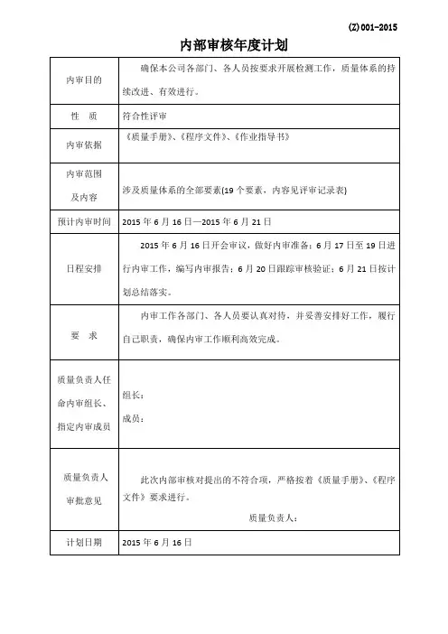 内部审核年度计划、记录表、总结报告