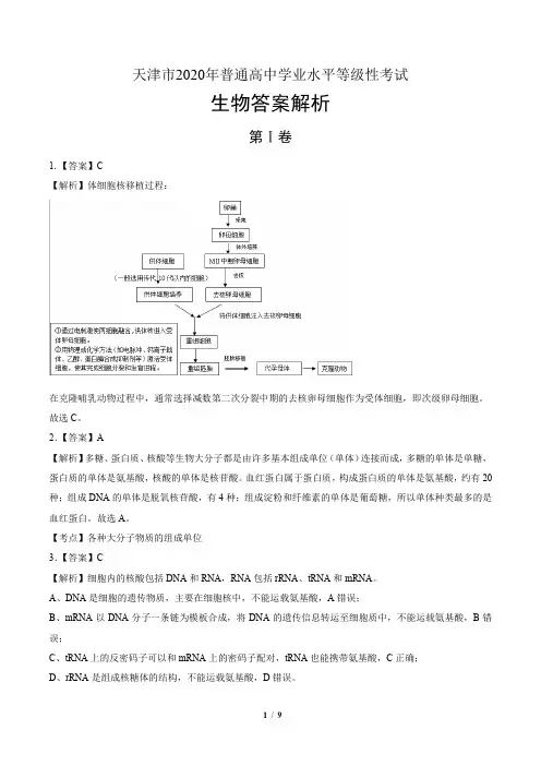 2020年高考生物天津卷-答案