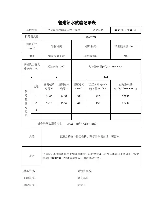 管道闭水试验记录表