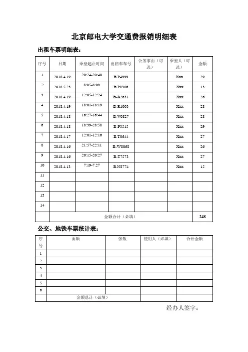 北京邮电大学交通费报销明细表