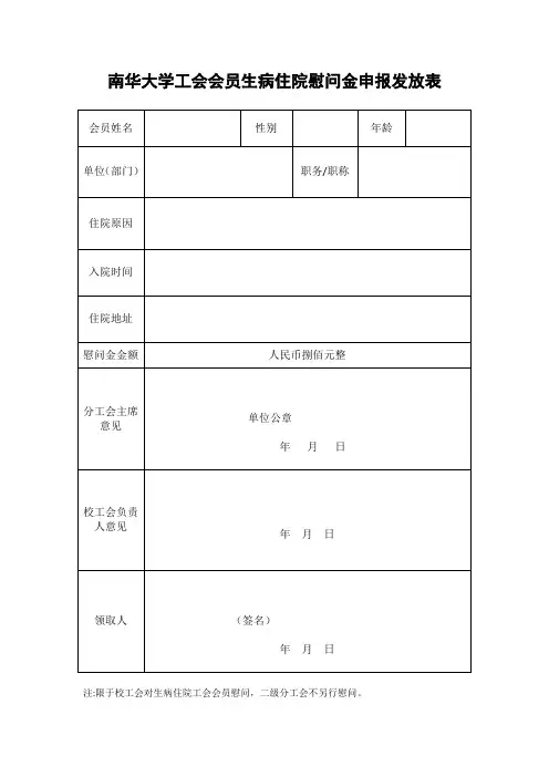 南华大学工会会员生病住院慰问金申报发放表