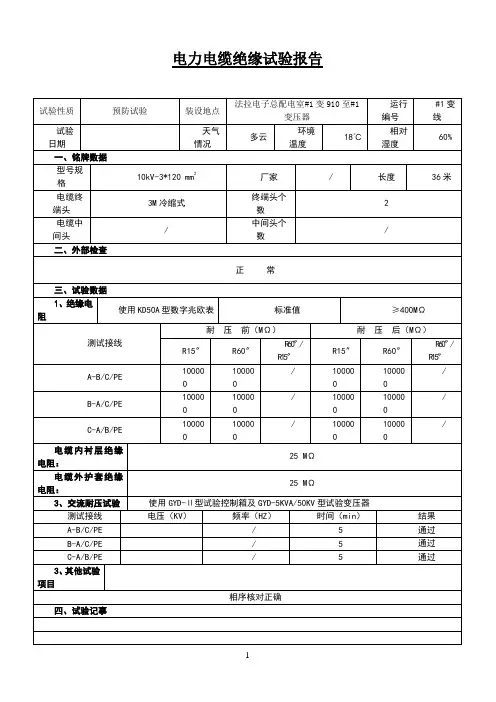 电力电缆绝缘试验报告