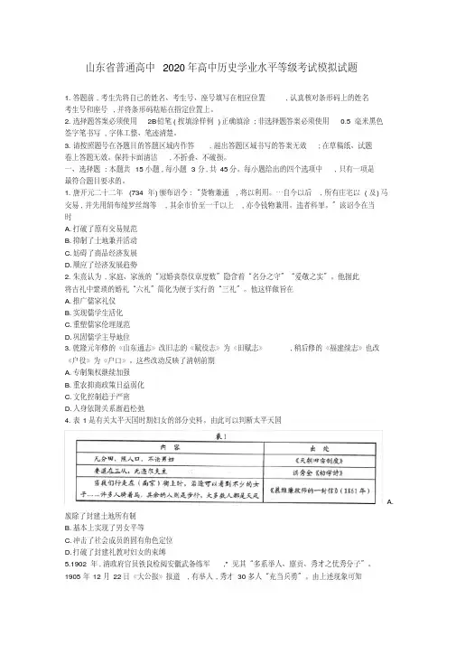 山东省普通高中2020年高中历史学业水平等级考试模拟试题