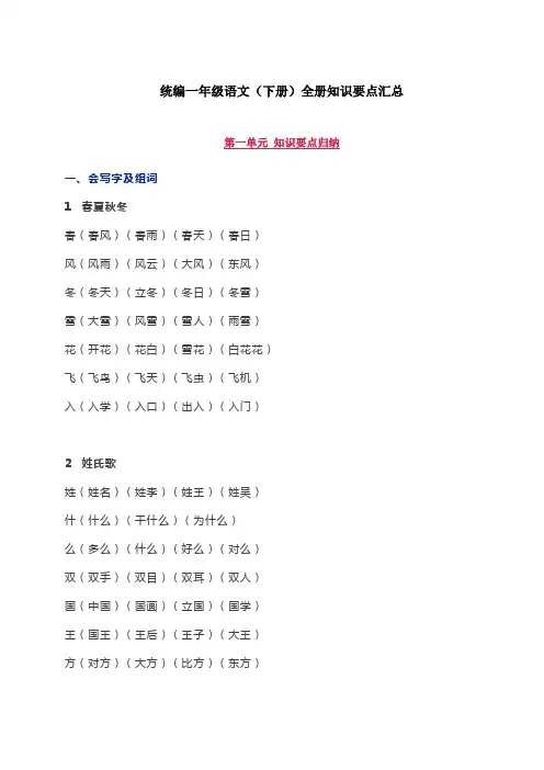 2020年新版人教部编版一年级语文下册全册单元知识点汇总