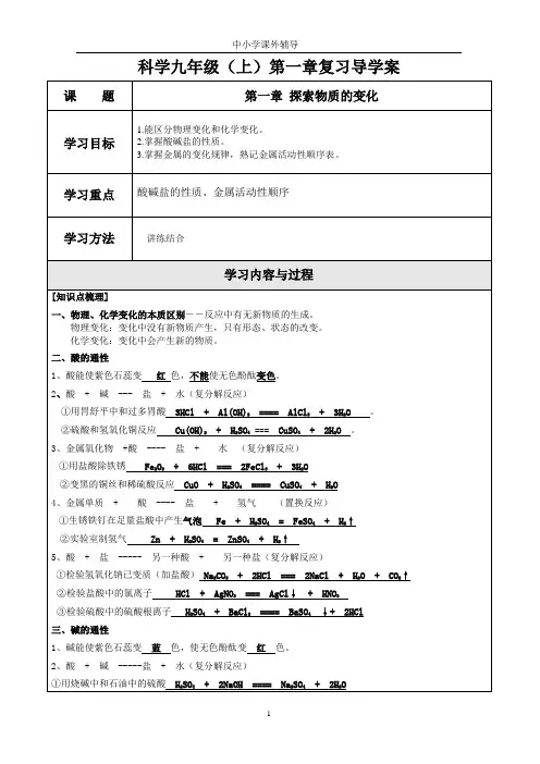 浙教版科学九年级(上)第一章 探索物质的变化复习导学案