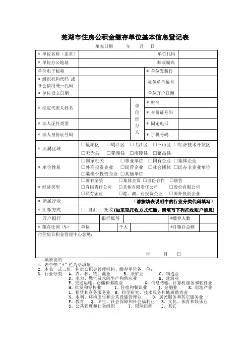 芜湖住房公积金缴存单位基本信息登记表