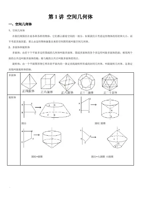 高中复习数学必修2《空间几何体》知识点