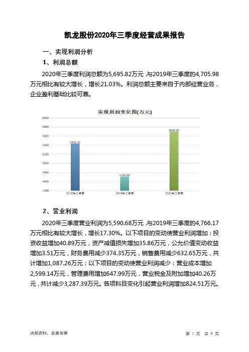 凯龙股份2020年三季度经营成果报告