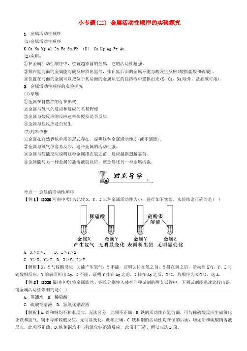 中考命题研究河北省2020中考化学 重点题型突破 小专题(二)金属活动性顺序的实验探究(无答案)