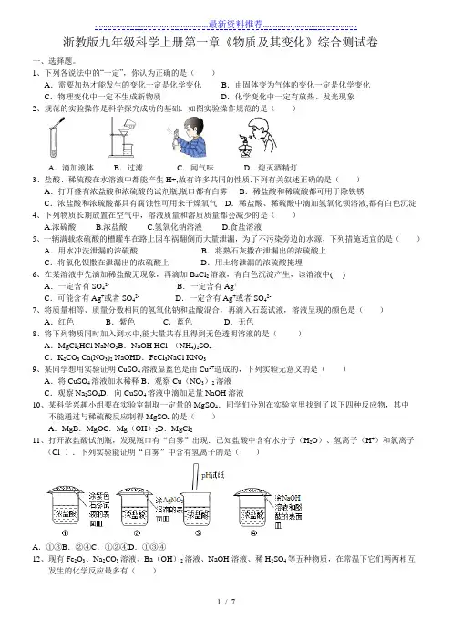 浙教版九年级科学上册第一章《物质及其变化》综合测试卷