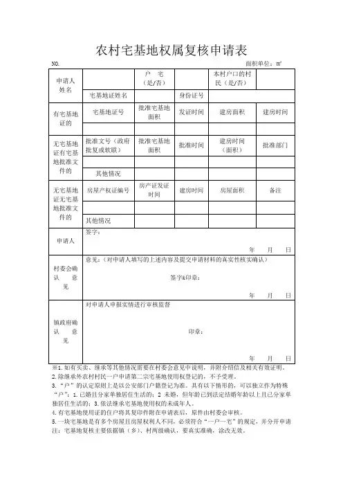 农村宅基地权属复核申请表