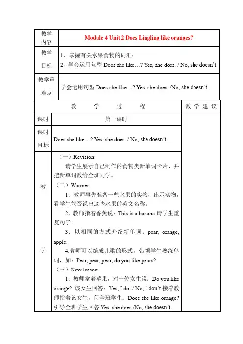 外研版英语三年级下册Module 4 Unit 2 Does Lingling like oranges？教学设计