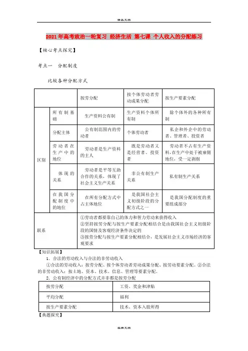 2021年高考政治一轮复习 经济生活 第七课 个人收入的分配练习