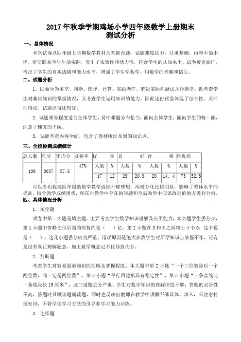 2017年秋季学期小学四年级数学上册期末测试分析