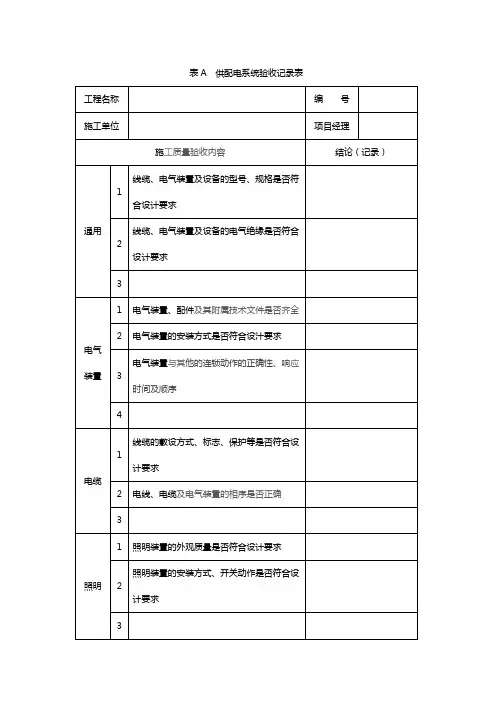 表A  供配电系统验收记录表
