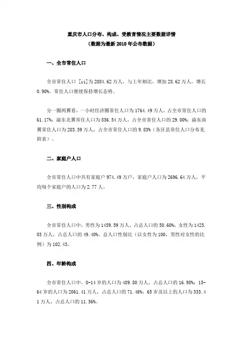 重庆市人口分布、构成、受教育情况主要数据公报