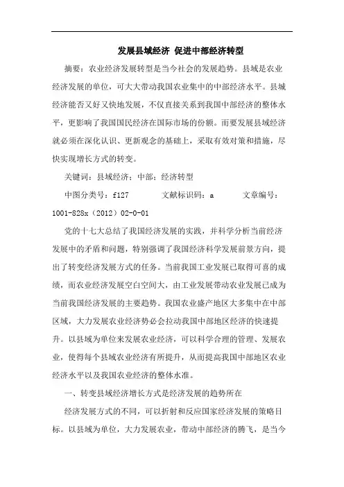 发展县域经济 促进中部经济转型